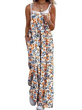 Boho Floral Print Cotton Jumpsuit - Women's Summer Wide Leg Romper with Pockets